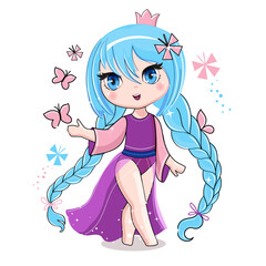 Cute cartoon anime princess girl with butterflies. Vector illustration print for children t-shirt