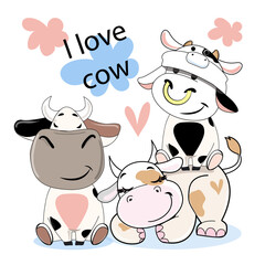 Cute cartoon cows in kawaii style on a white background isolated. Vector illustration print for children t-shirt