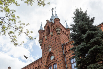 the exterior of historical architecture made of red bricks in krakow old city