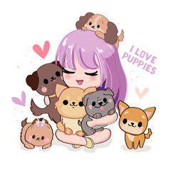 Cute cartoon girl in anime style with dogs. Kawaii style. Vector illustration t-shirt print
