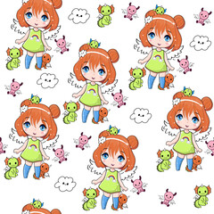 Fototapeta na wymiar Cute cartoon redhead anime girl with funny dragon. Vector illustration kawaii style