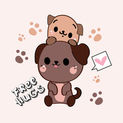 Obraz na płótnie Canvas Cute kawaii dog and the inscription free hugs. Vector cartoon illustration print for children's t-shirt