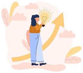 A woman in search of a brilliant idea stands holding a light bulb in her hand. The concept of finding ideas, a light bulb as a symbol of solving problems. Vector illustration