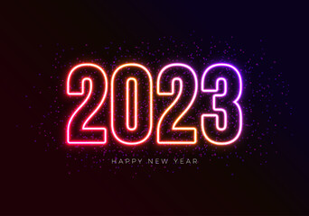 Happy New Year 2023 Illustration with Glowing Neon Light Number on Dark Background. Vector Christmas Holiday Season Design for Flyer, Greeting Card, Banner, Celebration Poster, Party Invitation or
