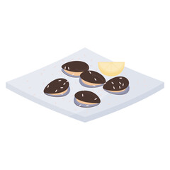 plate with mussels and lemon piece