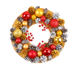 Handmade Christmas wreath decorated with red and gold Christmas decorations