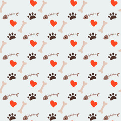 cartoon seamless pattern with fishbone, pets paw print and red heart