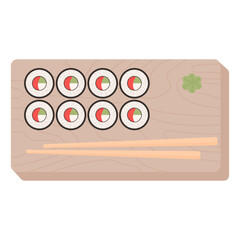 flat vector illustration of sushi set on wood plate