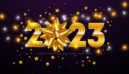 Happy New Year 2023 Illustration with Gold Number, Clock and Bow on Lighting Garland Background. Vector Christmas Holiday Season Design for Flyer, Greeting Card, Banner, Celebration Poster, Party