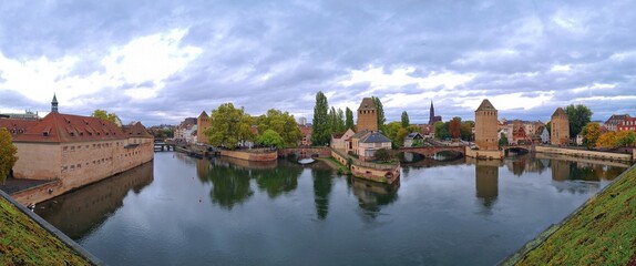 Panoramic view of the historic watergates at Ill river, Strassburg, France
