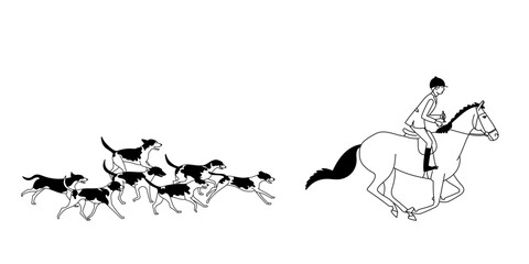 The traditional hunt in rural, a rider on a horse accompanied by hounds, black and white vector