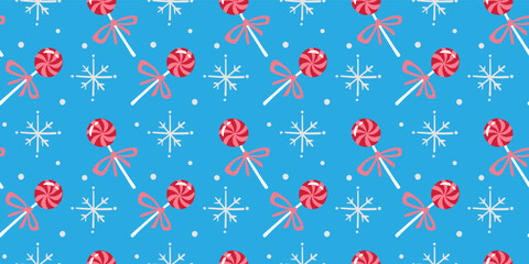 Vector holiday illustration of sweet lollypop on blue color background. Flat style design of christmas seamless pattern with sweet lollypop and snowflake