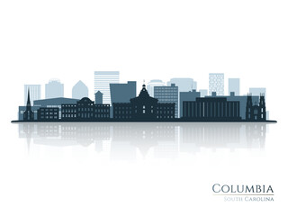 Columbia skyline silhouette with reflection. Landscape Columbia, South Carolina. Vector illustration.