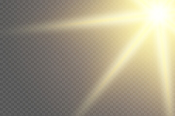 White lights. Light ray effect on transparent background. Realistic sunlight.