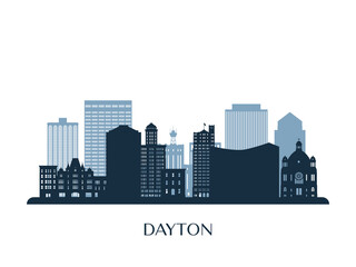 Dayton, OH skyline, monochrome silhouette. Vector illustration.