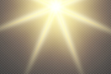 White lights. Light ray effect on transparent background. Realistic sunlight.