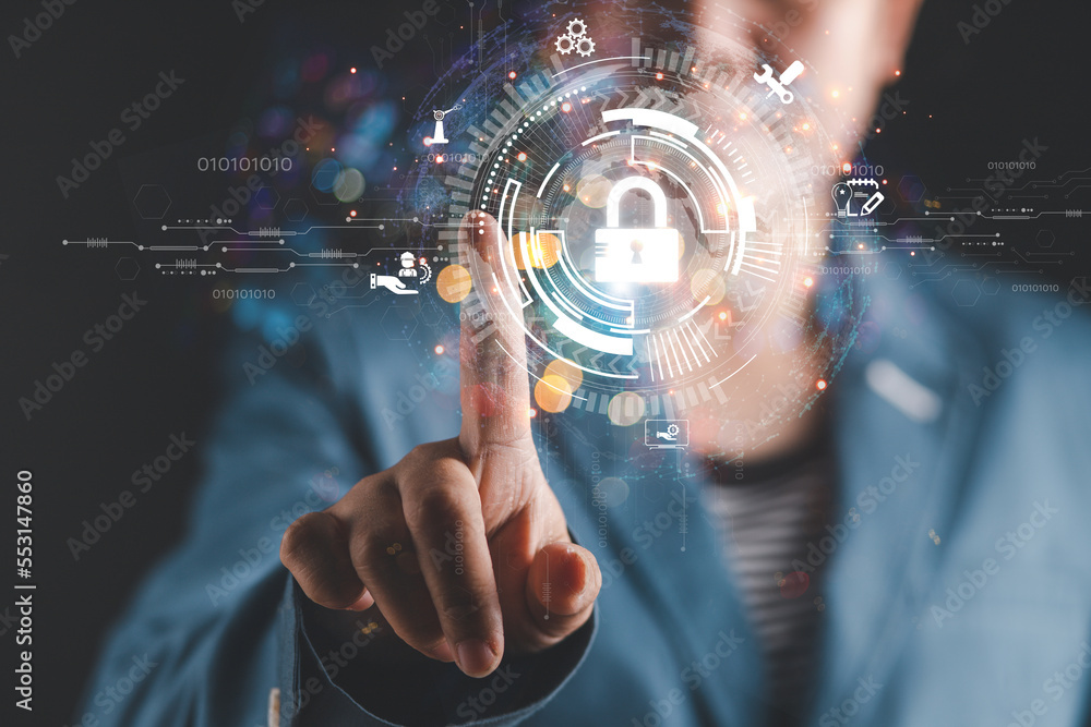 Poster cybersecurity concept business shows how to protect cyber technology network from attack by hackers 