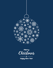 Merry Christmas greeting card. Christmas ball made of white snowflakes on a blue background. Vector illustration