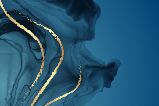 Modern watercolor background or elegant card design or wallpaper or poster with abstract blue ink waves and golden curves.