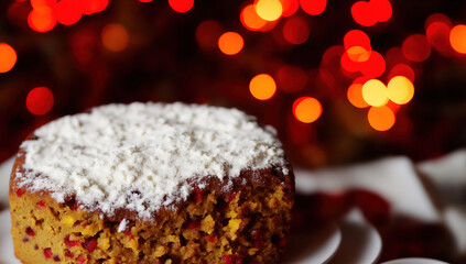 festive spiced fruitcake with lights and ornaments in the background
