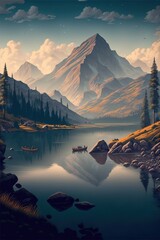 Fototapeta na wymiar Peaceful Mountain Panorama Landscape in Monochromatic. AI