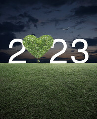 Tree in the shape of heart love with 2023 white text on green grass field over sunset sky with birds, Happy new year and valentines day 2023 cover concept