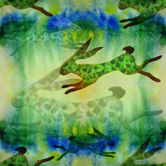 Obraz na płótnie Canvas The hare is running. Animalistic illustration on a watercolor background. Seamless pattern. Use printed materials, signs, objects, websites, maps, posters, flyers, packaging.