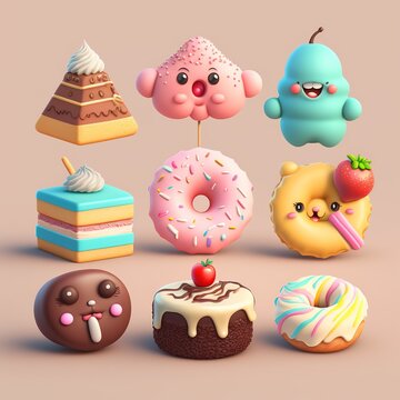 Sweet food 3d realistic render vector icon set. Cake, donut, croissant, cupcake, ice cream, chocolate, ai