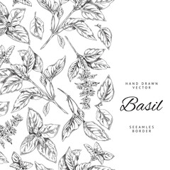 Fototapeta premium Vertical seamless border with hand drawn basil leaves and flowers sketch style