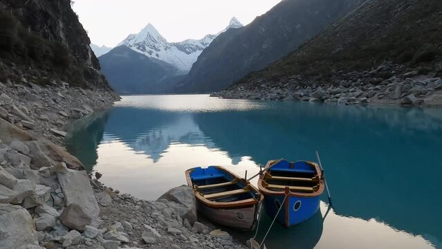boat moored in Lake Paron, Pyramid Mountain reflection on still water Andean Cordillera in Peru Huascaran National Park