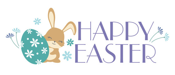 Happy Easter Vector Colorful Symbol Logo With A Cartoonish Easter Bunny And An Egg Isolated On A White Background. 