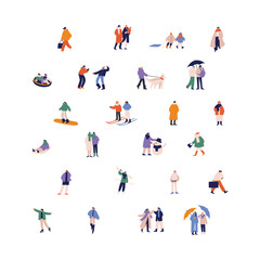 Fototapeta premium Characters and winter holiday funs, outdoor activities set. People on street at wintertime, cold weather. Friends, families walking on vacation. Flat vector illustrations isolated on white background