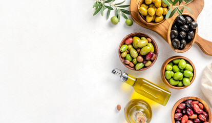 Different olives in bowls on white concrete background. Top view of olives, olive leaves and bottle...