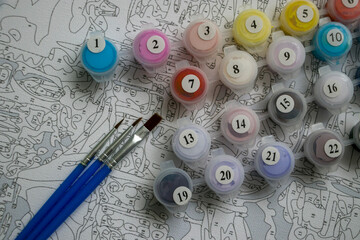 Painting by numbers. A set for painting a picture, includes a canvas, paints of different colors, brushes. Painting for beginners, Creativity and art for stress relief. Hobby at home.