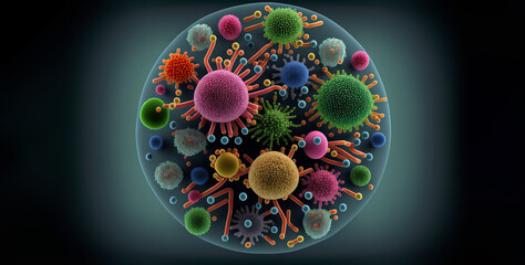Antibiotics resistant concept with different bacteria and other microbes in a microscope view of a drop of medium, gut microbe 3d rendering - obrazy, fototapety, plakaty
