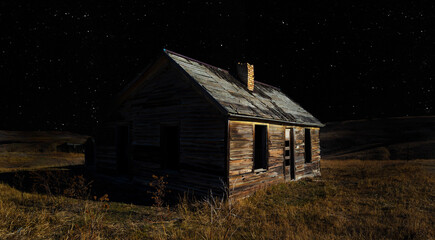 Decaying settlers home with stars above