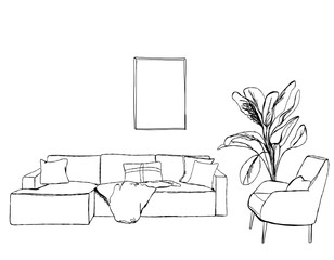 Hand drawn room interior sketch. Furniture sketch. Living room
