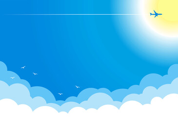 Plane in blue sky flies above clouds against  backdrop of sun. Vector background