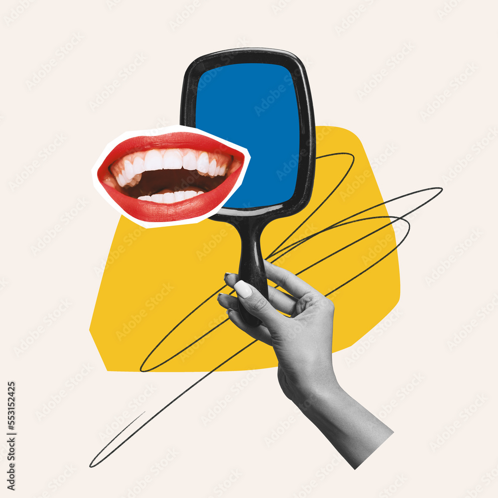 Wall mural Contemporary art collage. Female mouth with red lipstick and white perfect teeth smiling over hand holding mirror. Concept of beauty, cosmetology, dental care