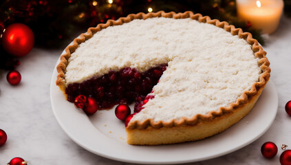 minced pie with slice missing and ornaments
