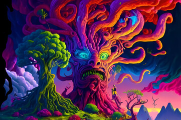 Obraz na płótnie Canvas Fluorescent Dreamy Mystical colorful glowing fantasy world Imagination of start of mind
