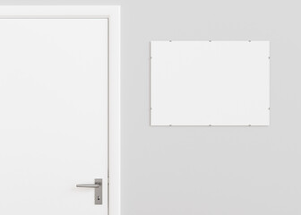 Blank white signboard hanging on the wall indoors. Empty signplate mock up. Name plate with copy space. Door sign template on entry in cabinet. Signage plate near to the door. Close up. 3D render.