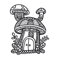 Vector mushroom house coloring page in exquisite style, house mandala