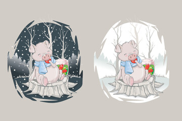 Christmas Winter Snow with happy Cute Animal piggy