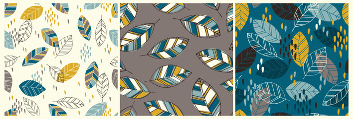 Obraz premium Set of scandinavian doodle pattern with vintage leaves sketch. Ideal for wallpaper, surface textures, textiles.