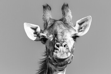 Wildlife Giraffe Head Closeup Telephoto Lens Portrait Detail Eyes Black White Photograph.