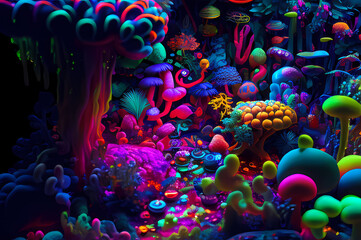 Fototapeta na wymiar Fluorescent Dreamy Mystical colorful glowing fantasy world Imagination of start of mind