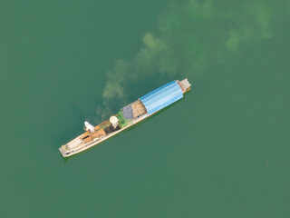 Shenzhen ,China - Circa 2022: Aerial view of fishing boat fishing in Guangdong,China