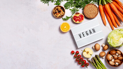 Fototapeta na wymiar Food background with vegan products, vegan food on table, top view , veganuary concept