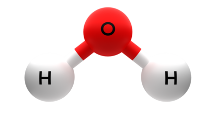 Oxidano o agua (H2O), es un compuesto químico formado por dos moléculas de hidrogeno (H) y una de oxigeno (O), representación en 3D sobre fondo transparente.